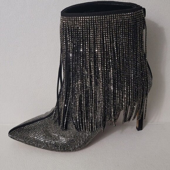 INC Pewter Rhinestone Fringed Ismeria Pointed Toe Stacked Heel Back Zip Booties - Picture 1 of 5